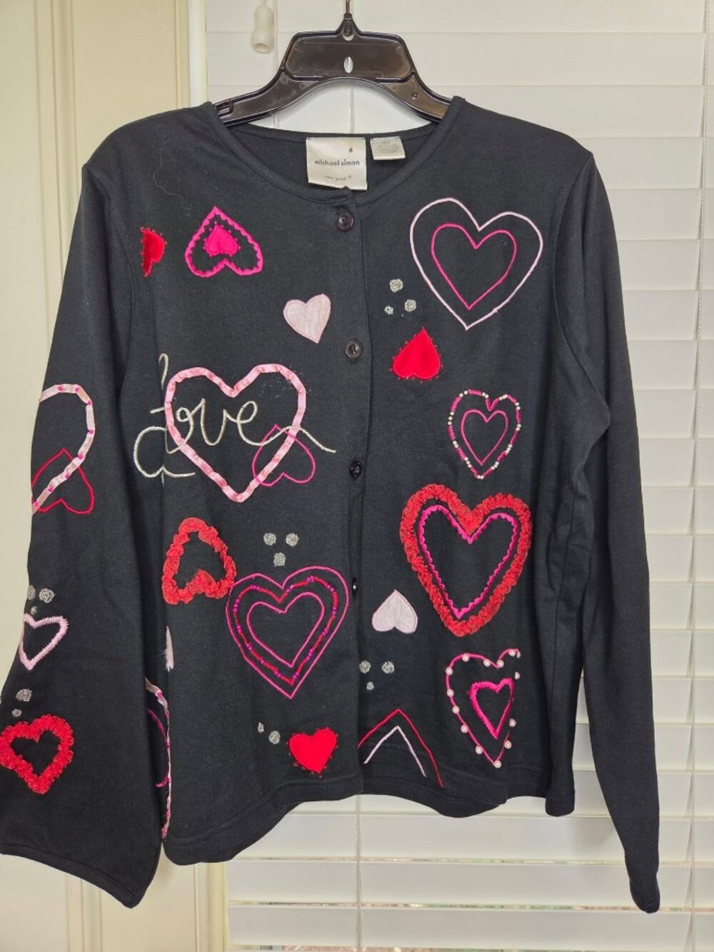 VTG 90s Michael Simon Womens Black Cardigan Hearts Embroidered M Beaded
